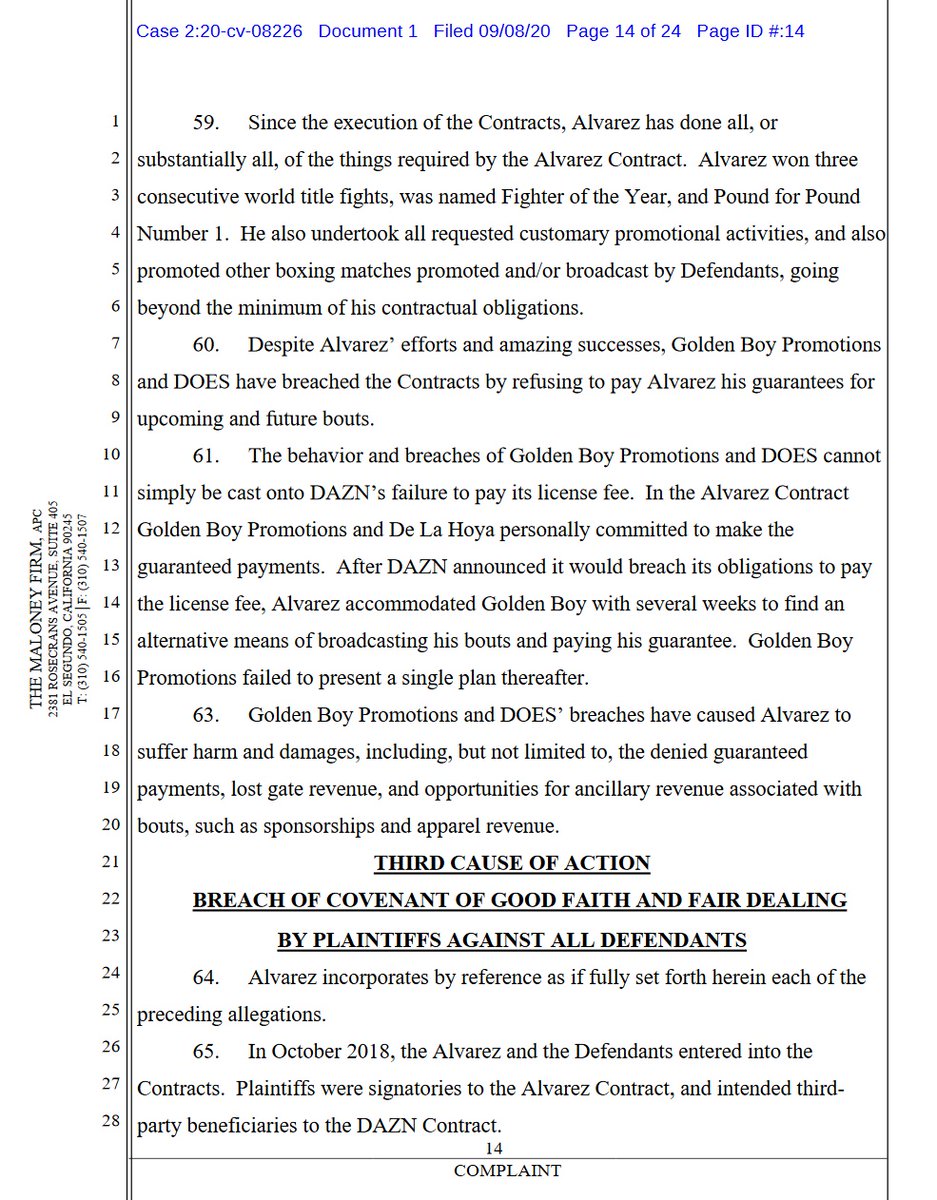 case 2:20-cv-08226 @canelo v  @dazngroup  @GoldenBoyBoxing  @OscarDeLaHoya first 4 pages of 24. 10 total complaintsdemand for jury trial #boxing  #boxeo