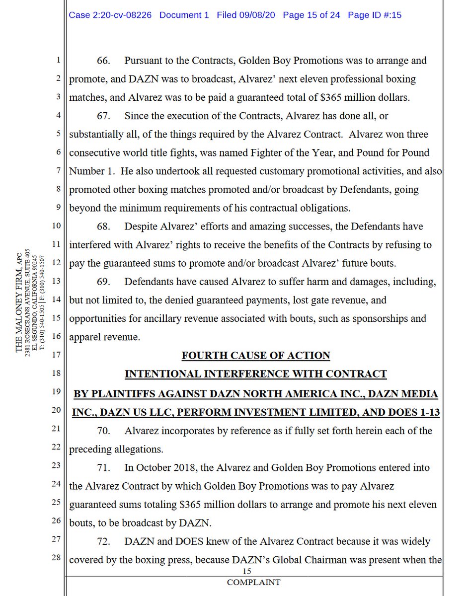case 2:20-cv-08226 @canelo v  @dazngroup  @GoldenBoyBoxing  @OscarDeLaHoya first 4 pages of 24. 10 total complaintsdemand for jury trial #boxing  #boxeo