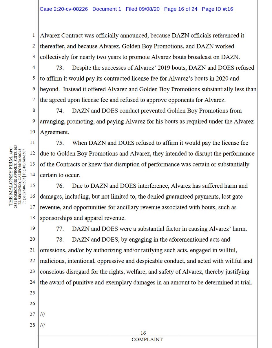 case 2:20-cv-08226 @canelo v  @dazngroup  @GoldenBoyBoxing  @OscarDeLaHoya first 4 pages of 24. 10 total complaintsdemand for jury trial #boxing  #boxeo