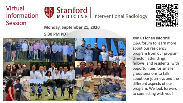 Hey #MedStudents interested in #irad, join us for the @Stanford_IR virtual open house Mon 9/21 @ 5:30p PT. It's a pretty cool group but I'm biased @SIRRFS Sign up here: stanfordmedicine.qualtrics.com/jfe/form/SV_8u…