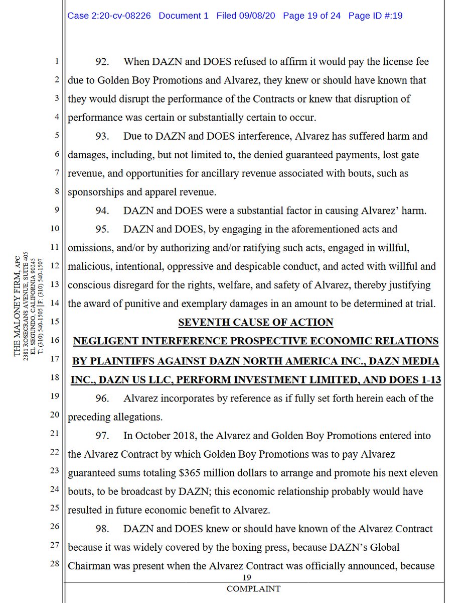 case 2:20-cv-08226 @canelo v  @dazngroup  @GoldenBoyBoxing  @OscarDeLaHoya first 4 pages of 24. 10 total complaintsdemand for jury trial #boxing  #boxeo