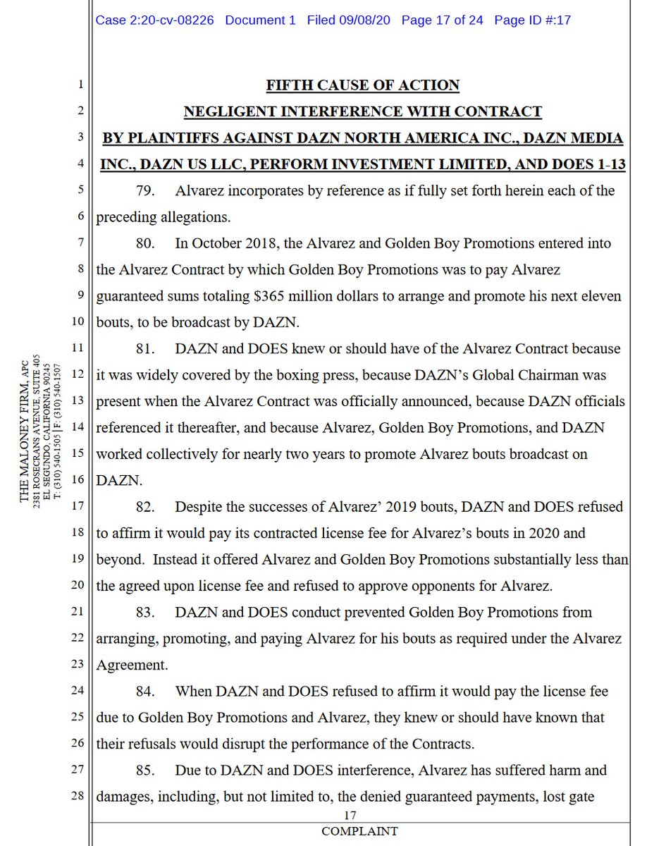 case 2:20-cv-08226 @canelo v  @dazngroup  @GoldenBoyBoxing  @OscarDeLaHoya first 4 pages of 24. 10 total complaintsdemand for jury trial #boxing  #boxeo