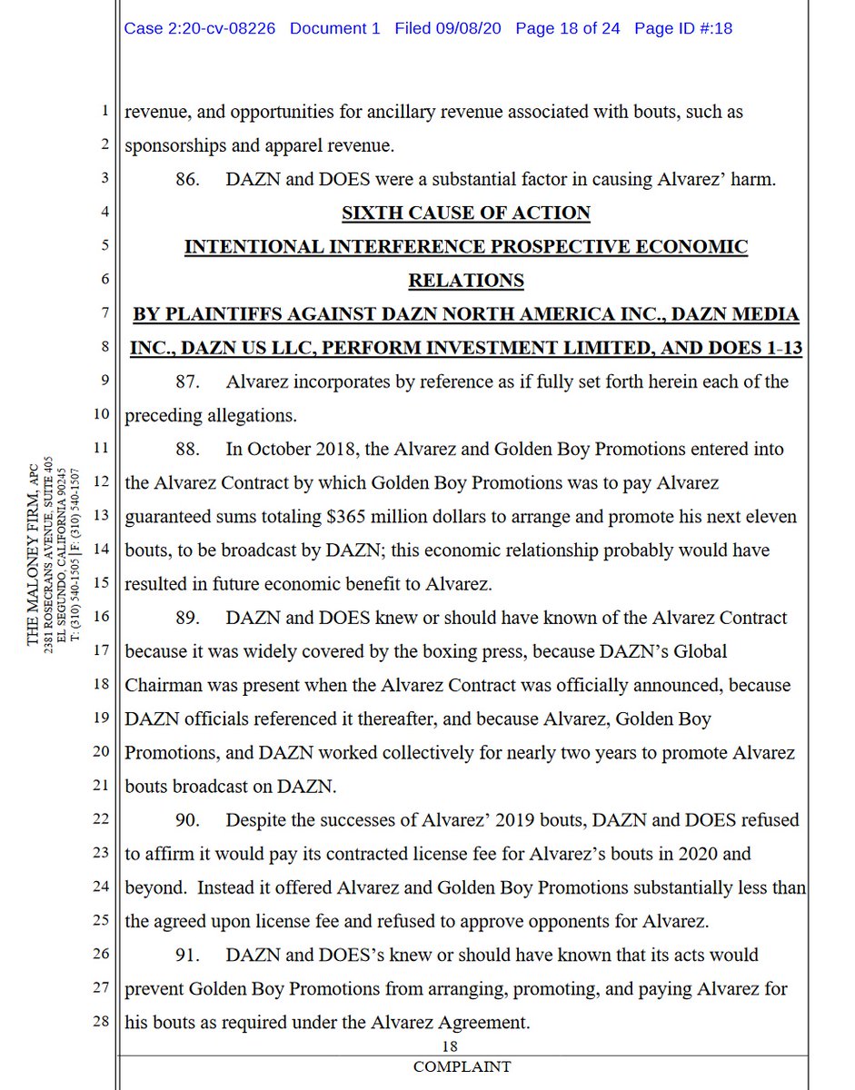 case 2:20-cv-08226 @canelo v  @dazngroup  @GoldenBoyBoxing  @OscarDeLaHoya first 4 pages of 24. 10 total complaintsdemand for jury trial #boxing  #boxeo