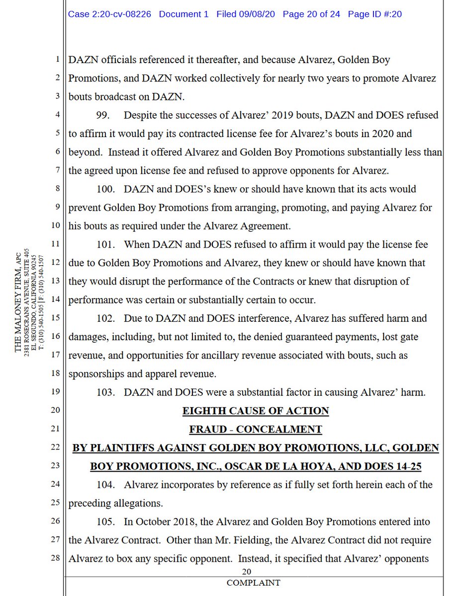 case 2:20-cv-08226 @canelo v  @dazngroup  @GoldenBoyBoxing  @OscarDeLaHoya first 4 pages of 24. 10 total complaintsdemand for jury trial #boxing  #boxeo