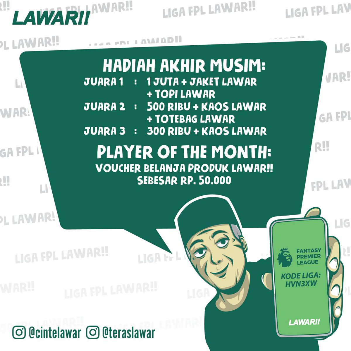 cintelawar's tweet photo. LAWAR FANTASY PREMIER LEAGUES, Silekan bergabong di liga kami. FPL Code / Kode liga FPL tertera pada gambar yeeee. 

https://t.co/LvCMONOGwZ https://t.co/RvvFs5sIm4