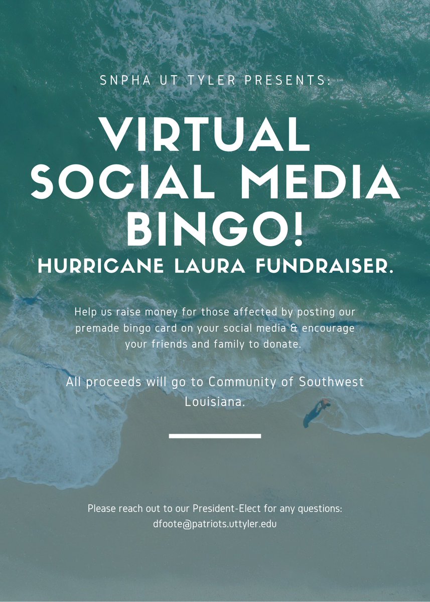 UTT_SNPhA's tweet photo. Good Evening SNPhAm! 

Starting tomorrow we will have several of our members and officers playing virtual bingo! 

This event was made possible by UNT to help raise money for those affected by Hurricane Laura. #snpha #HurricaneLaura2020 https://t.co/4rocJfRc9G
