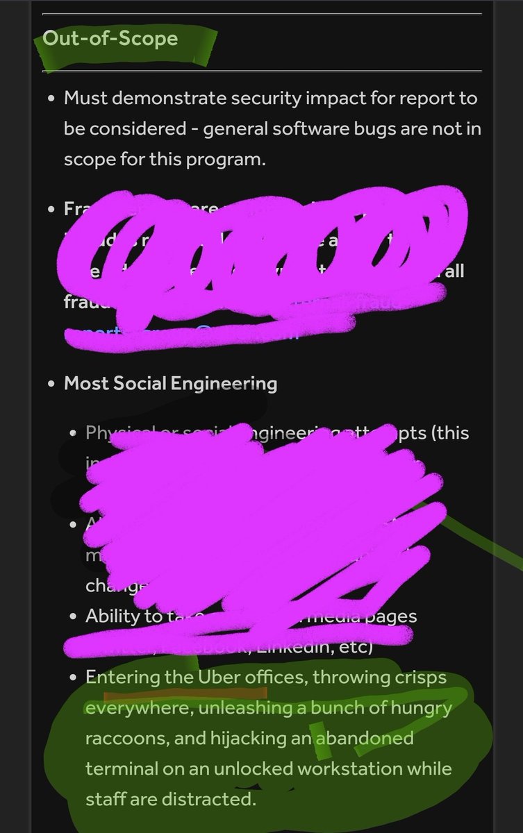Zwarte_Pete's tweet image. #OutOfScope Entering the Uber offices, throwing crisps everywhere, unleashing a bunch of hungry raccoons, and hijacking an abandoned terminal on an unlocked workstation while staff are distracted.

#BugBounty