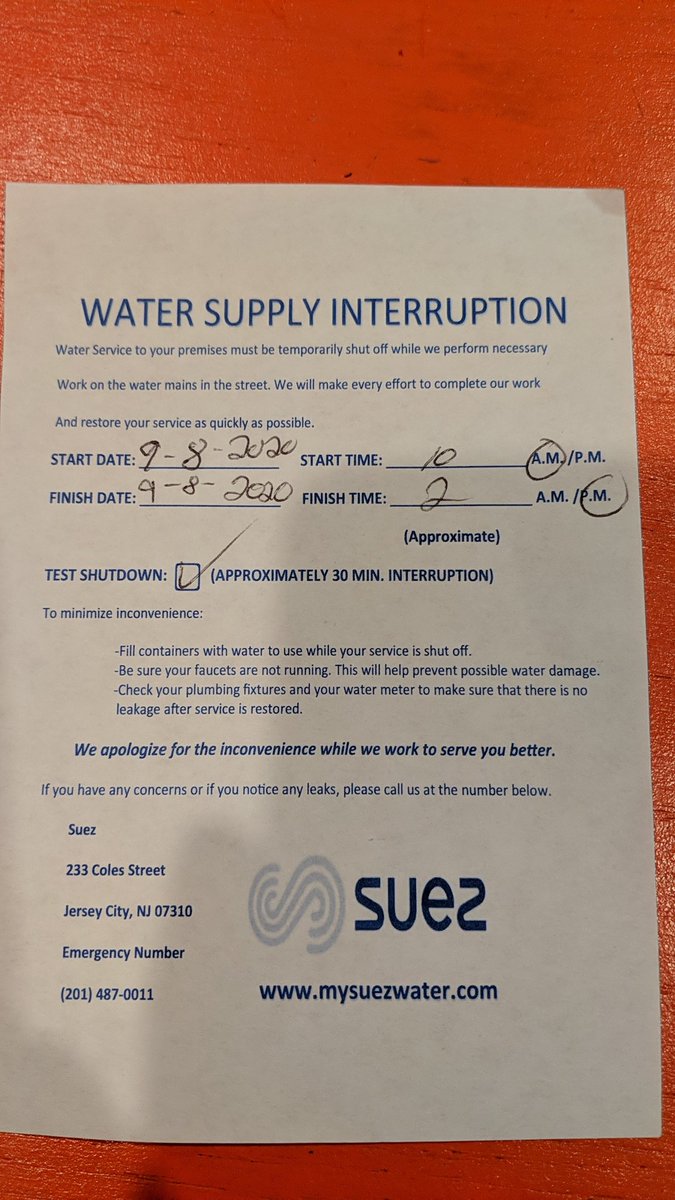 crunkbear's tweet photo. @SUEZwaterNJ Your notice said 10am-2pm, or are more people impacted by this shutdown than you expected? We are closer to Brunswick on 5th and our water is shut off. https://t.co/Lf4FaoGtp0