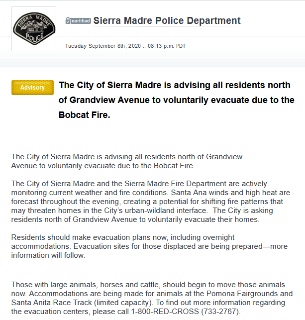 The city of Sierra Madre also has issued a voluntary evacuation notice for all residents north of Grandview Avenue.  #BobcatFire  https://local.nixle.com/alert/8232472/ 