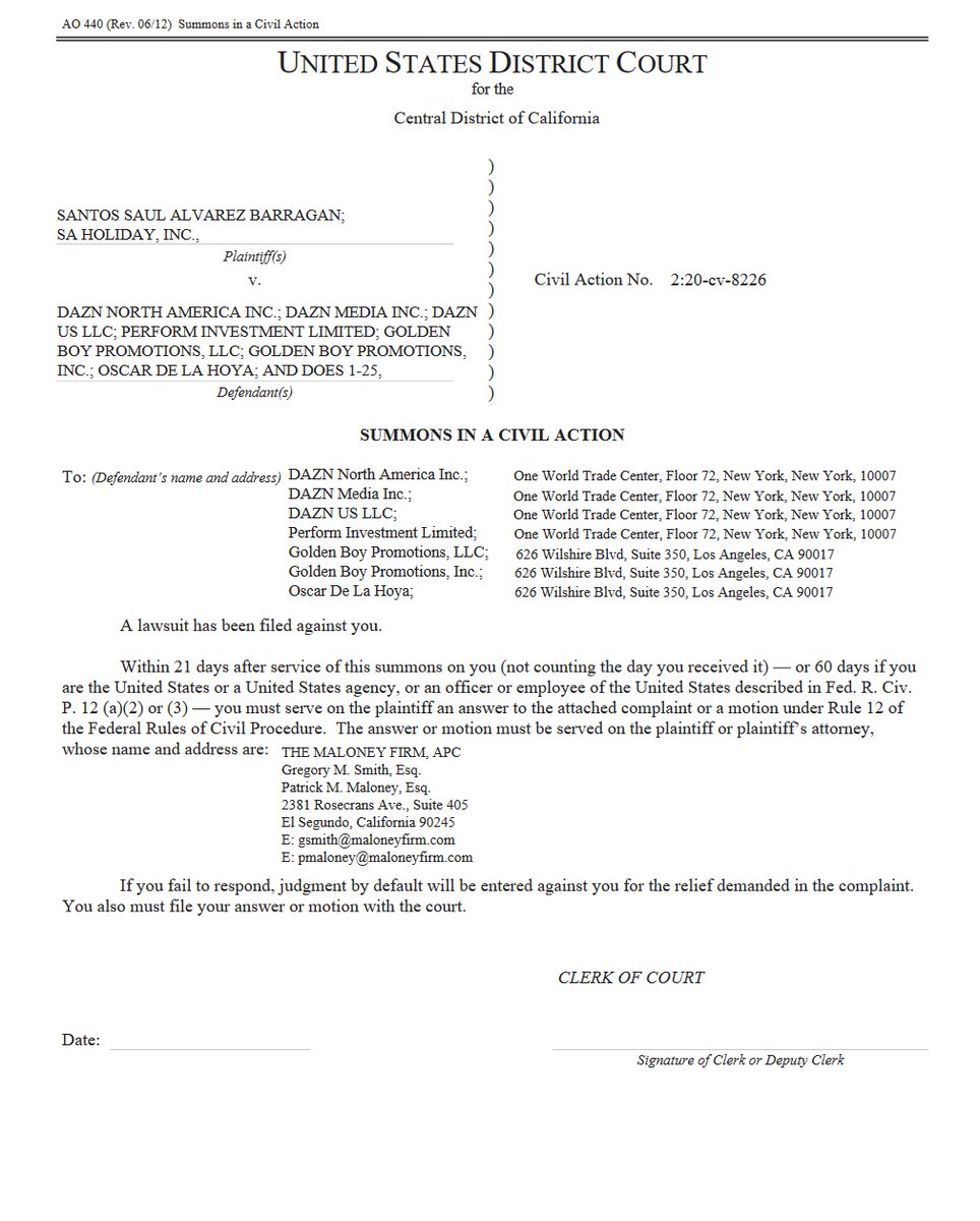 Request for Clerk to Issue Summons on Complaint