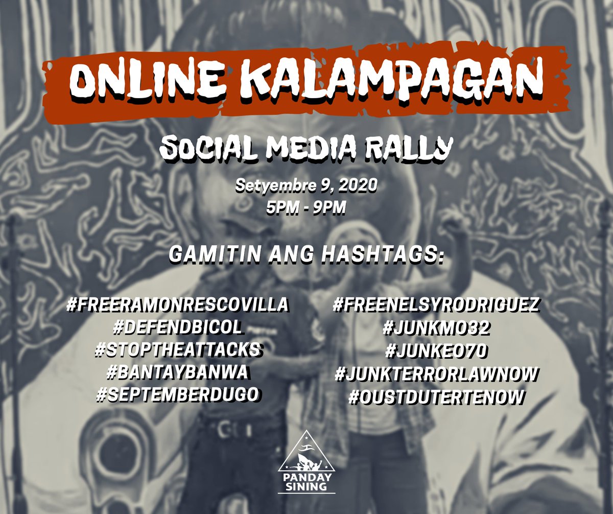 Mga artista ng bayan, makiisa sa online kalampagan mamayang 5PM! 

Gamitin ang hashtags: #FreeRamonRescovilla 
#FreeNelsyRodriguez 
#DefendBicol 
#StopTheAttacks 
#BantayBanwa 
#JunkMO32 
#JunkEO70 
#JunkTerrorLawNow
#OustDuterteNOW