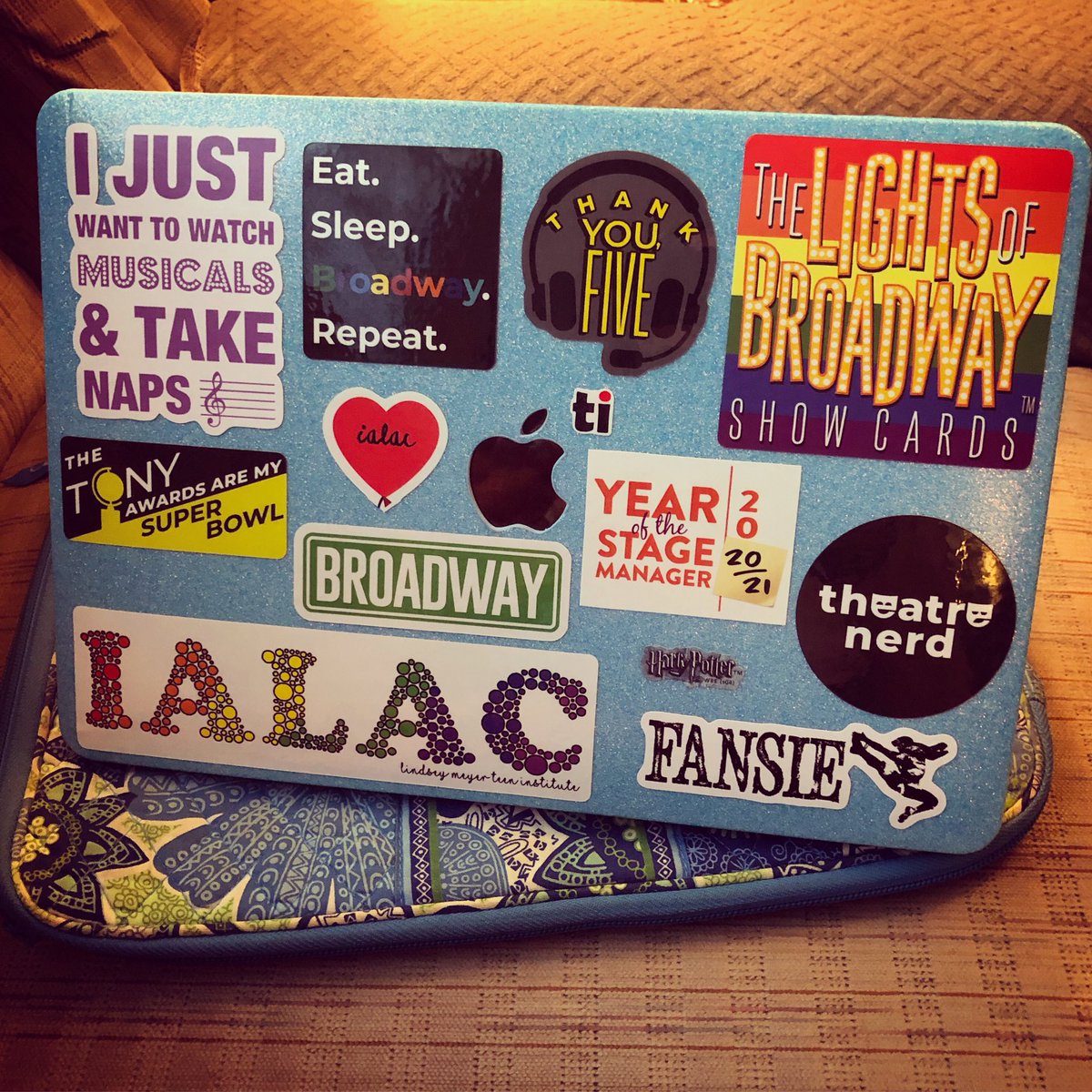 BroadwayDork23's tweet photo. So today I needed a little project and I was so thrilled when my new laptop case arrived because it meant I got to FINALLY use all those stickers Iβve been hoarding! Now it feels just right β€οΈπ₯°ππ» #newlaptopcase #somanystickers #broadway #totaldork #notashamed #ialac https://t.co/mw6A2ItGec