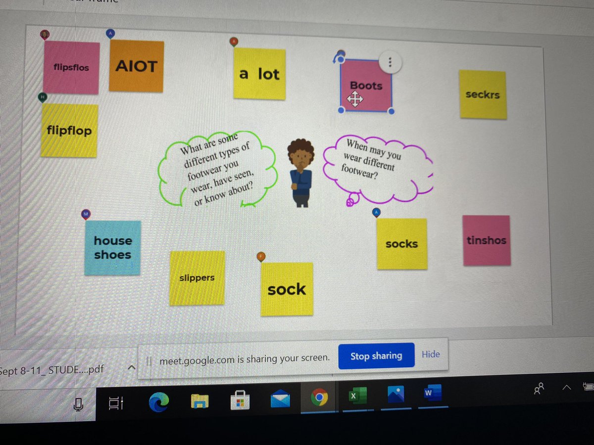 ReneeLWhite5's tweet photo. Ss brainstormed footwear categories to use for data collection for math @googlejamboard &amp; then shared possible questions they could ask @Flipgrid . Then we collected &amp; analyzed our class footwear data @googlejamboard before Ss practiced their own @Seesaw . #math #HAWKSsoar https://t.co/Tu7CZGj8a6
