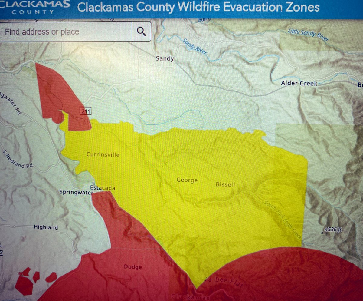  #ClackamasWildfires UPDATE:Most of  #Estacada (pictured, yellow) is now at fire-evacuation Level 2.Level 2 Evacuation means “BE SET” to evacuate. Estacada residents should be ready to leave at a moment’s notice. Check your address on this evac map: https://ccgis-mapservice.maps.arcgis.com/apps/webappviewer/index.html?id=fe0525732f1a4f679b75a5ccf1c84b30