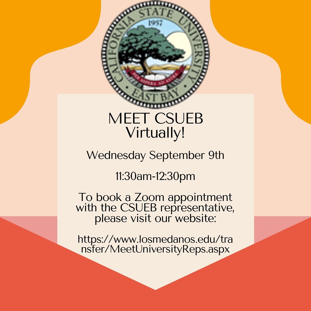 lmctranscareer's tweet photo. Thinking about transferring to CSUEB? 

Have some unanswered questions? 

Come meet with the CSUEB rep tomorrow from 11:30am-12:30pm.
-------------------------------------------------------
#losmedanoscollege #transferandcareerservices #csutransferstudent #csueb https://t.co/j1FfGoU6DJ