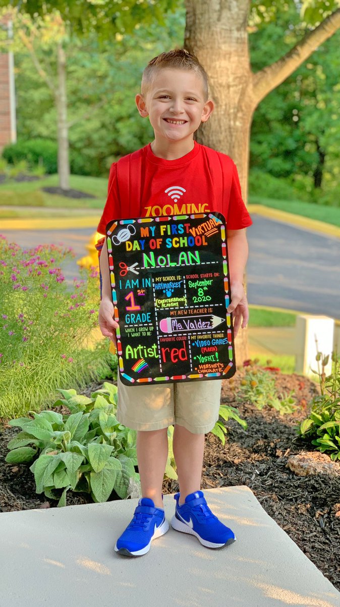 NoliSmom's tweet photo. My baby is excited to start virtual 1st grade today!! #PWCS1stDay #Haymarkettogether #virtuallearning @HaymarketCubs @jocelynsv https://t.co/cF2J54XRHc