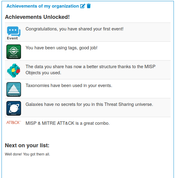 In MISP 2.4.131, there is a new gamification widget to show your achievement for your organisation while creating new events. Thanks to <a href="/LFortemps/">L. Fortemps</a> misp-project.org/2020/09/08/MIS… #ThreatIntel #informationsharing #infosec