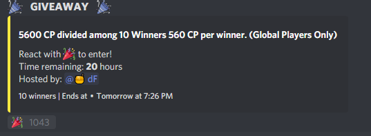 ItZTMGG's tweet photo. Season 10: The Hunt 
5600 CP divided among 10 Winners 560 CP per winner. (Global Players Only)

How to Enter:
-retweet &amp; tag a friend or squad
- Join the discord and press the 🎉reaction in #giveaway 
https://t.co/L66DaFueet
-Join the discord help us reach 100K (anniversary hype) https://t.co/aqIxDhtsPW