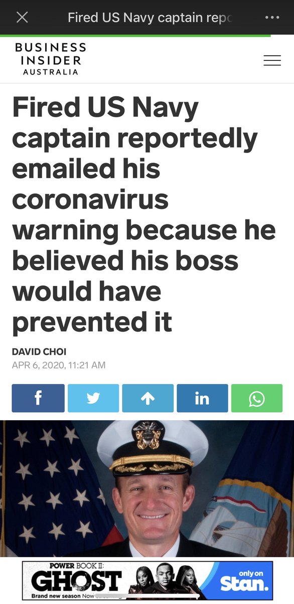 8）Fired US Navy captain reportedly emailed his coronavirus warning because he believed his boss would have prevented it