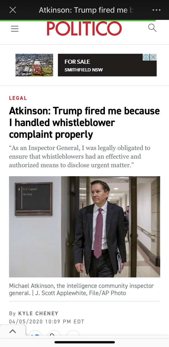 7）Atkinson: Trump fired me because I handled whistleblower complaint properly
