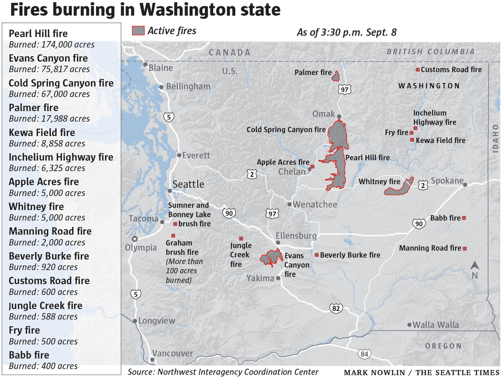 In Washington state:
-hundreds evacuated
-330,000 acres burned in 24 hrs, more than double what burned all of last year
-a town was nearly destroyed
-hurricane-force winds delayed response

#WAWildfires coverage by <a href="/OlympiaJoe/">Joseph O'Sullivan</a> <a href="/elisetakahama/">Elise Takahama</a> <a href="/LyndaVMapes/">Lynda V. Mapes</a>:
seattletimes.com/seattle-news/e…