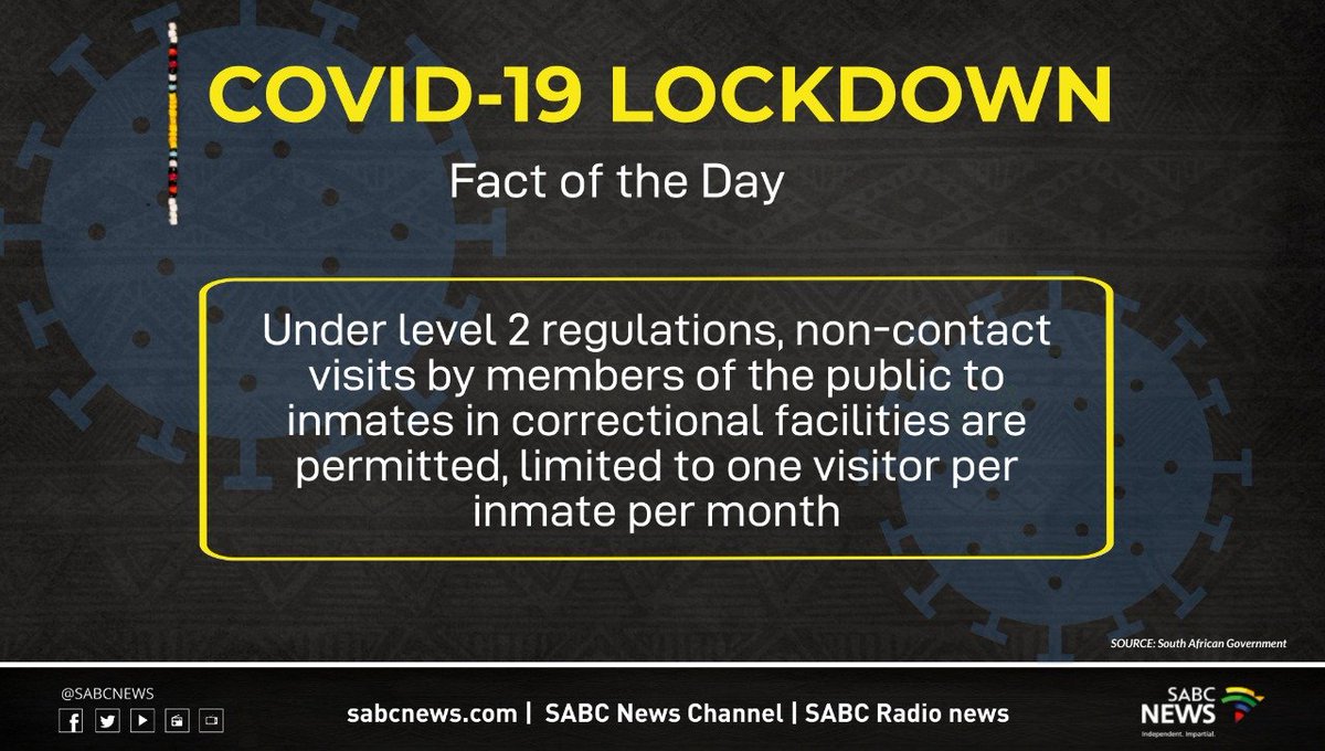 SABCNews's tweet image. #SABCNews Fact of the Day I Under #level2lockdown regulations, non-contact visits by members of the public to inmates in correctional facilities are permitted, limited to one visitor per inmate per month. 
#CoronavirusInSA #LockdownSA
