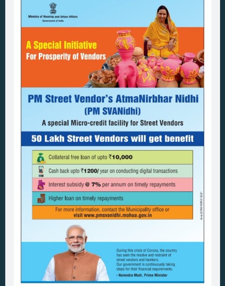 IndiaEritrea's tweet photo. #PMSVANidhi targets to cover 5 million street vendors. Special micro-credit facilities under #AatmaNirbharBharat campaign to facilitate street vendors to access easy working capital loans. 
#AatmaNirbharVendor https://t.co/KWrUQrdeLK