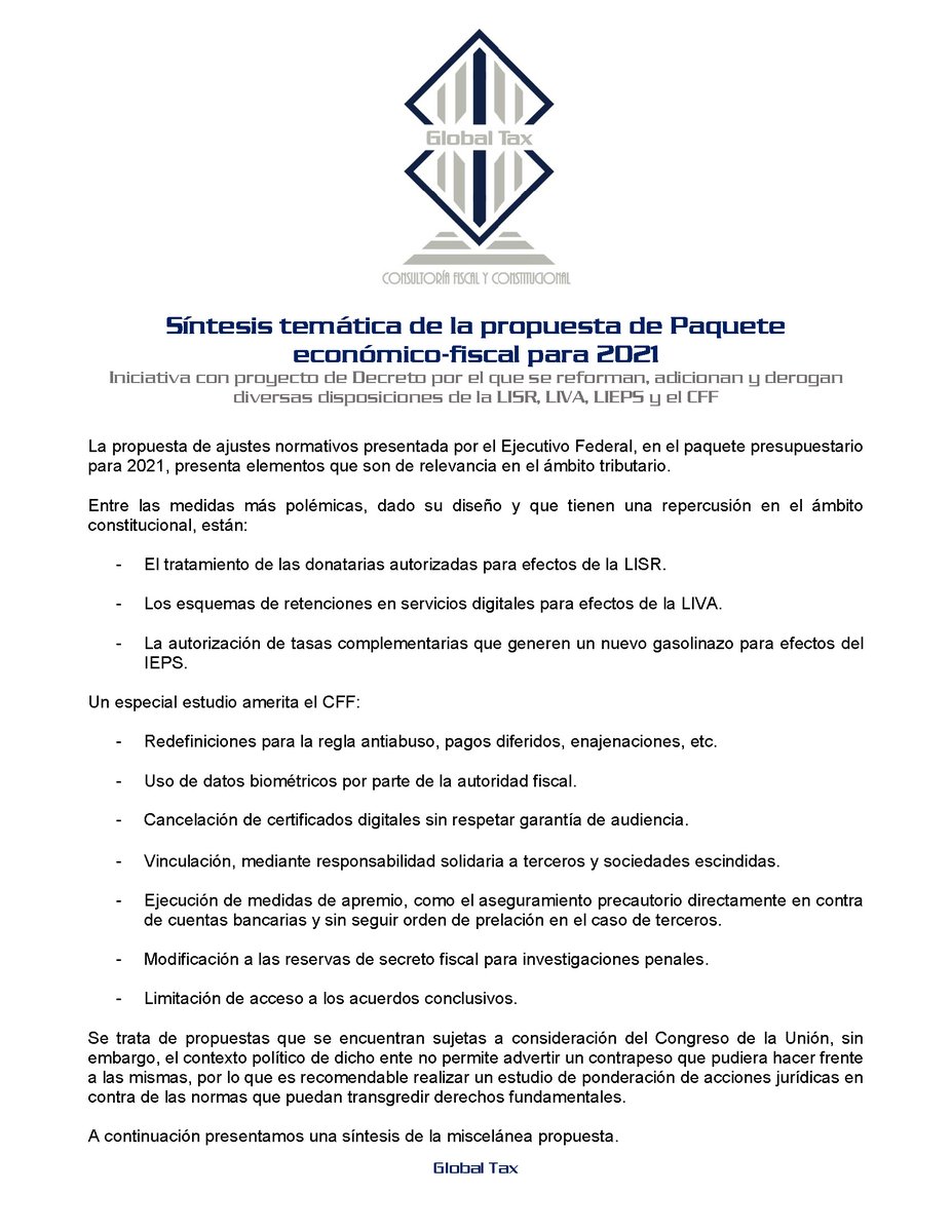 GlobalTaxCFC's tweet image. Te presentamos una síntesis de la propuesta de modificaciones a la LISR, LIVA, LIEPS y CFF para 2021.
En Global Tax, estamos listos!!! 
1/2