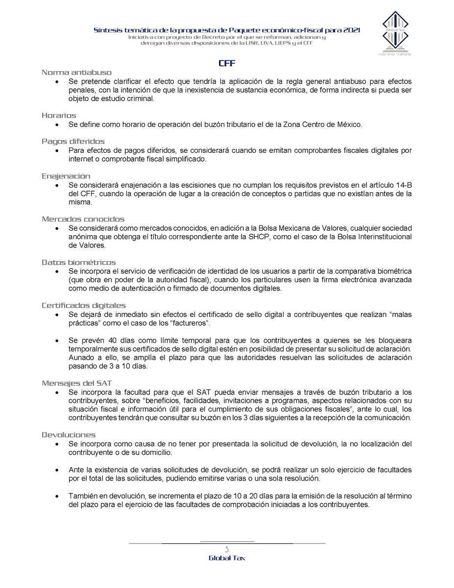 GlobalTaxCFC's tweet image. Te presentamos una síntesis de la propuesta de modificaciones a la LISR, LIVA, LIEPS y CFF para 2021.
En Global Tax, estamos listos!!! 
1/2