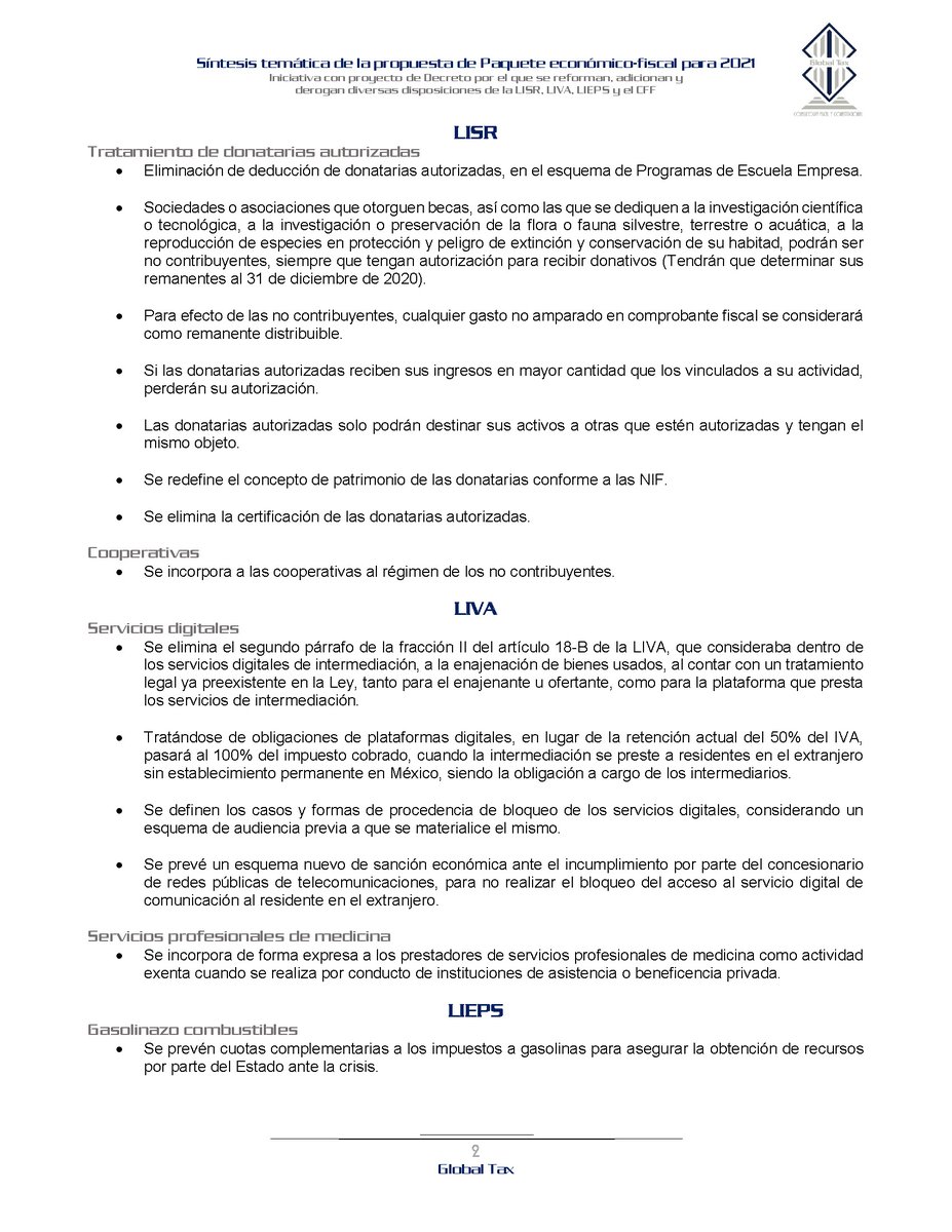 GlobalTaxCFC's tweet image. Te presentamos una síntesis de la propuesta de modificaciones a la LISR, LIVA, LIEPS y CFF para 2021.
En Global Tax, estamos listos!!! 
1/2