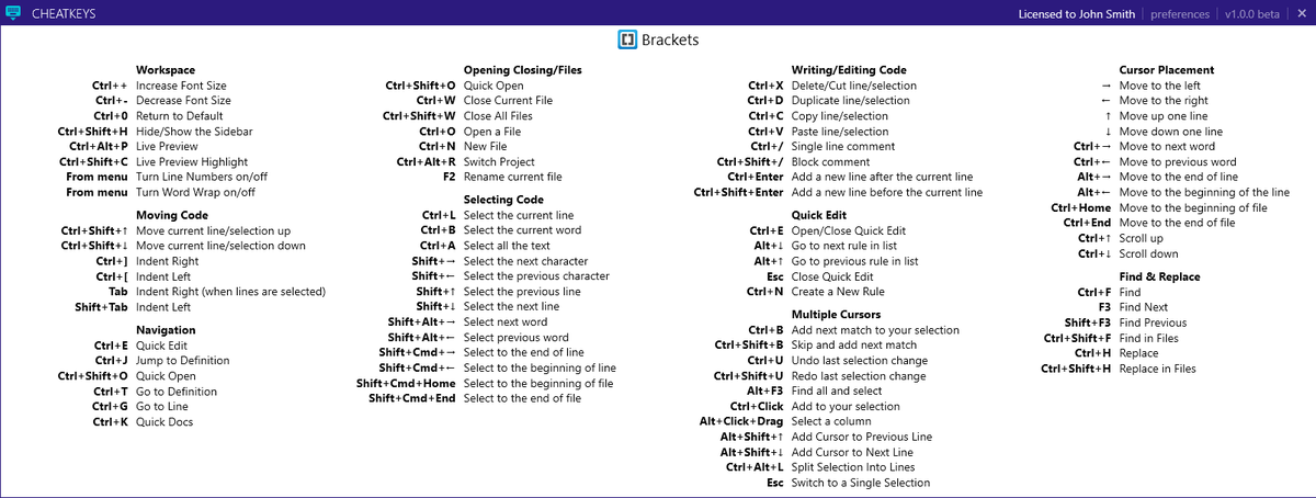 CheatKeysApp's tweet photo. So @brackets has been my new fav text editor lately. Here's my cheatsheet for it. Give it a spin! @brktsextensions - https://t.co/cspUHFxBZ8 https://t.co/aCE4wchjxD