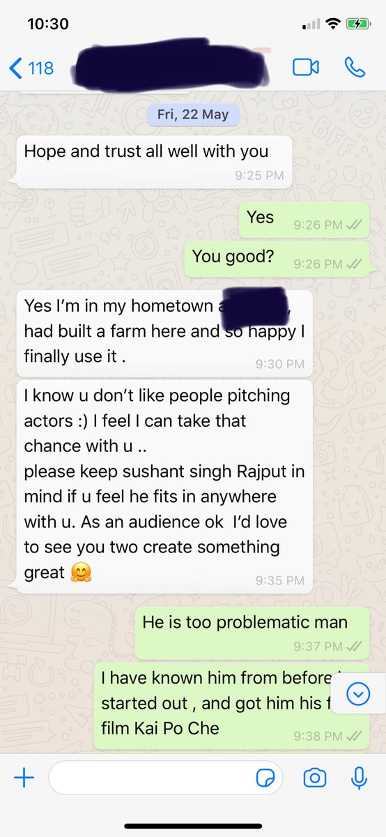 anuragkashyap72's tweet image. I am sorry that I am doing this but this chat is from three weeks before he passed away. Chat with his manager on 22 May .. havent don’t it so far but feel the need now .. yes I didn’t want to work with him for my own reasons ..