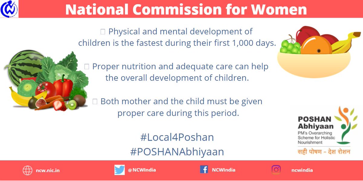 NCWIndia's tweet photo. The first 1,000 days of a child's life is the crucial period when the foundation of growth is established. Contribute to #POSHANMaah2020 by ensuring every child gets the right nutrition during this period of early development.

#Local4Poshan
#SahiPoshanDeshRoshan
#PoshanAbhiyaan https://t.co/EynzTgXR3y