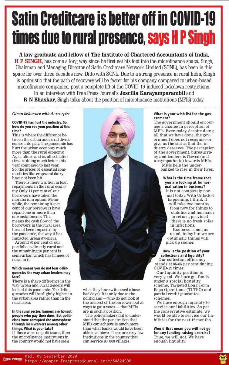 LtdSatin's tweet photo. Subsequent to the interview of Mr. HP Singh with Free Press Journal’s Jescilia Karayamparambil and R N Bhaskar, FPJ has also published a column on their daily.
Pls click on the link below to read the epaper article
https://t.co/g6GmoQtCuh
#Satin #CMDTalks
#FreePressJournal https://t.co/bqdVYv4kUE