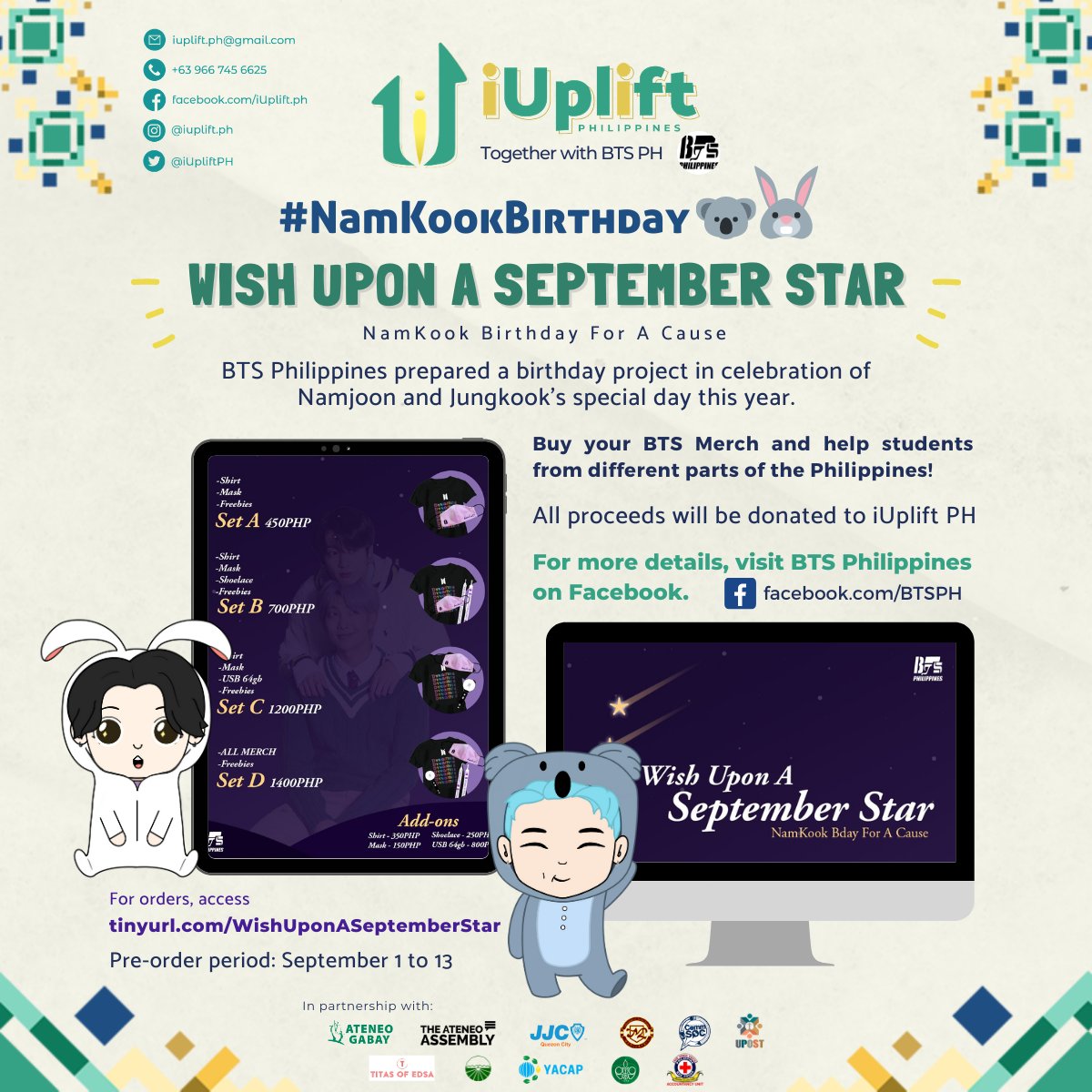 iUpliftPH's tweet photo. 𝗪𝗜𝗦𝗛 𝗨𝗣𝗢𝗡 𝗔 𝗦𝗘𝗣𝗧𝗘𝗠𝗕𝗘𝗥 𝗦𝗧𝗔𝗥
Namkook Birthday for a Cause 🐨🐰
Thank you @bangtanboysph for preparing this project to help the 2nd wave beneficiaries of #ProjectAmbagan 💜
Pre-order UNTIL SEPTEMBER 13: https://t.co/379QocpxCr
#방탄소년단 #BTSARMY #RM #JK https://t.co/9sFMN7Ag2Y