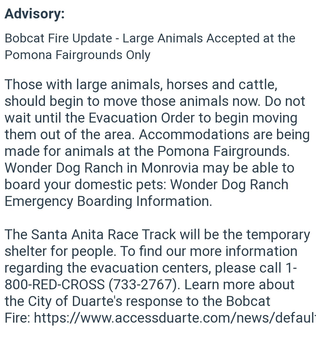 Animal evac info from  @CityofDuarte: #BobcatFire  https://twitter.com/CityofDuarte/status/1303562688652627969?s=19