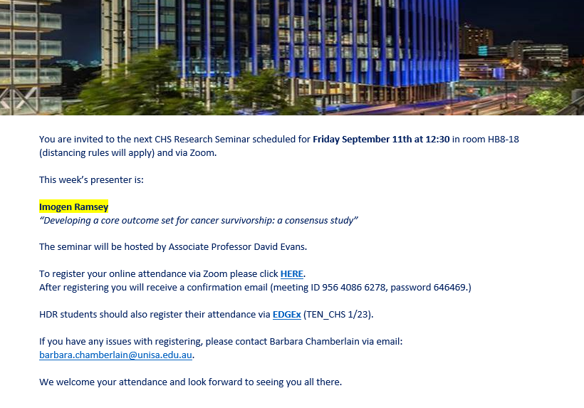 Marion Eckert (@marioneckert5) on Twitter photo Zoom in to listen to Ms Imogen Ramsey, the Rosemary Bryant AO Research Centre, UniSA 2019 Transformed PhD student of the year presentation this Friday. Don't miss it. <a href="/NursingNow2020/">Nursing Now Challenge</a> <a href="/WHO/">World Health Organization (WHO)</a> <a href="/SAHealth/">SA Health</a> @UniSACRI <a href="/UniversitySA/">UniSA</a> <a href="/AmericanCancer/">American Cancer Society</a> <a href="/PeterMacCC/">Peter Mac Cancer Centre</a> <a href="/CancerCouncilOz/">CancerCouncilOz</a> Zoom in to listen to Ms Imogen Ramsey, the Rosemary Bryant AO Research Centre, UniSA 2019 Transformed PhD student of the year presentation this Friday. Don't miss it. <a href="/NursingNow2020/">Nursing Now Challenge</a> <a href="/WHO/">World Health Organization (WHO)</a> <a href="/SAHealth/">SA Health</a> @UniSACRI <a href="/UniversitySA/">UniSA</a> <a href="/AmericanCancer/">American Cancer Society</a> <a href="/PeterMacCC/">Peter Mac Cancer Centre</a> <a href="/CancerCouncilOz/">CancerCouncilOz</a>