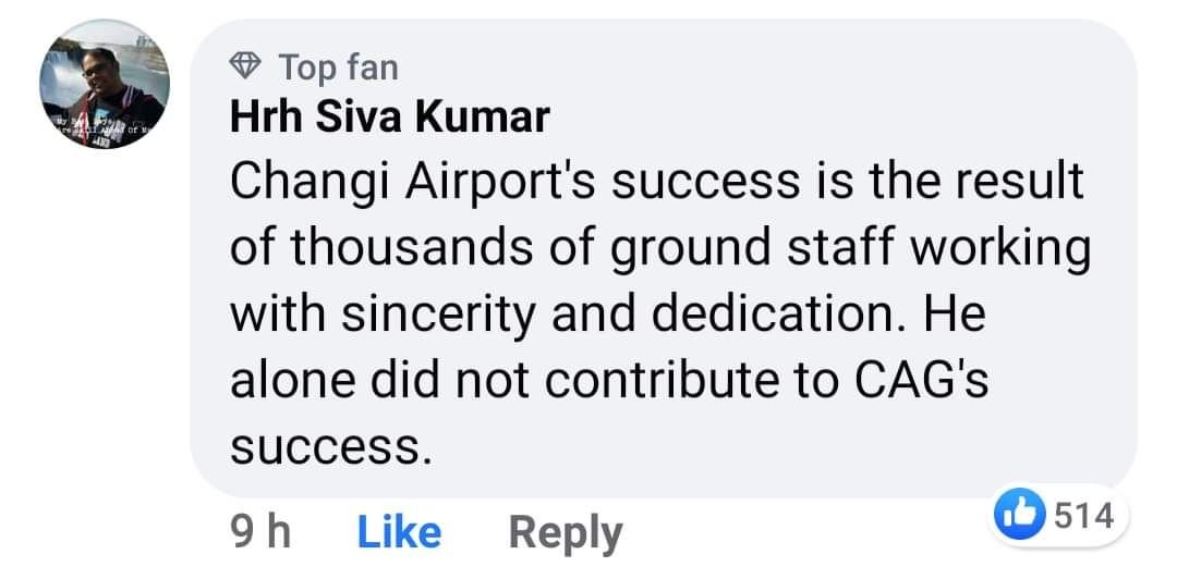 To Temasek on Liew's vast "contributions", Hrh Siva Kumar eloquently states "Changi Airport's success is the result of thousands of ground staff working with sincerity and dedictn. He alone didnt contribute to CAG's success".Heartening that 514 agree on the value of labour.