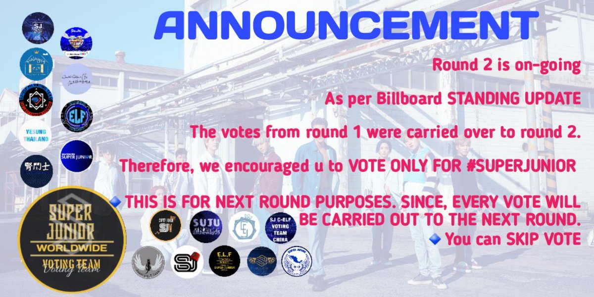 SJWWVT's tweet photo. 🚨BILLBOARD FAN ARMY FACEOFF 2020🚨

!!ANNOUNCEMENT!!

The team is still observing BB Standing Update and will continue to do so.

But, for now we should :
🔹️VOTE FOR SJ ONLY
(Which means we should SKIP voting for other participants)

#SUPERJUNIOR @SJofficial

Link&amp;Tutorial : https://t.co/xf6guF2pDD