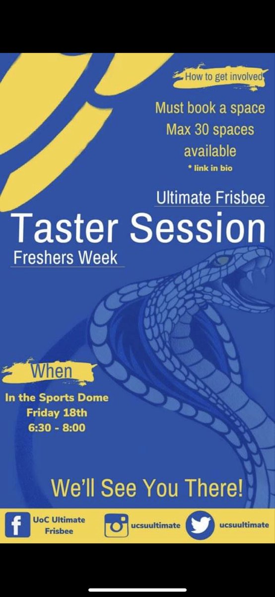 Calling all freshers. 💙💛

Ultimate frisbee taster session:
Regardless if you have played before, a complete beginner or just in it for the fun. 
Booking is required, please follow the link for all information. 

ucsu.org/ents/event/236…

We’re excited to meet you💙💛