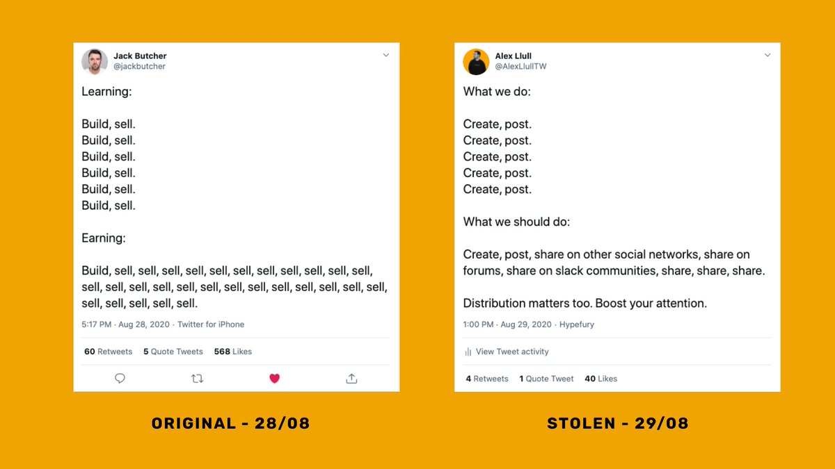 4/ Remix those ideasClarification: Stealing doesn't mean copying.Stealing means getting inspired. Taking the best of that idea you've seen and adding your own take.An example, where I stole a tweet idea from  @Jackbutcher
