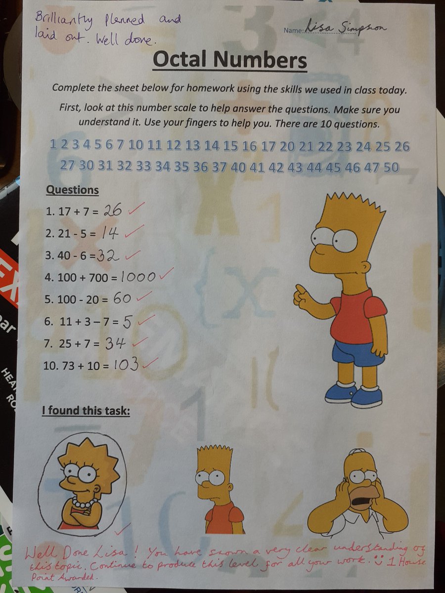 QueenswoodSch's tweet image. What would #TheSimpsons' maths books look like? Before lockdown, pupils in Year 7 were pondering this.  As the characters of Springfield only have 8 fingers, girls quickly began to investigate the #octal numeral system.  Doing calculations in base 8 really made us all... (1/2)
