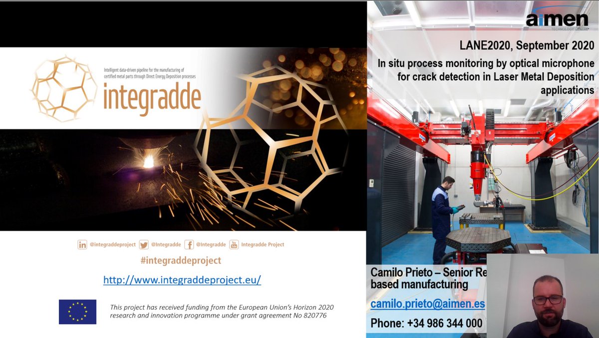 aimenct's tweet photo. 📸This morning our colleague Camilo Prieto has participated virtually in #LANE2020, the 11th CIRP Conference on Photonic Technologies, with the talk "Dynamic #laser beam shaping for laser aluminium #welding in #emobility applications".#IntegraddeProject #H2020 #FOF_EU @EFFRA_Live https://t.co/vta3MaTgJU