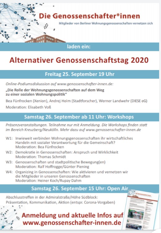 25./26.9: "Ziel des Alternativen Genossenschaftstages ist es, die Werte der ursprünglichen #Genossenschaftsbewegung - #Selbstverwaltung &amp; #Solidarität - wieder zur Richtschnur der Wohnungsgenossenschaften zu machen&amp;stärker in die Öffentlichkeit zu bringen" genossenschafter-innen.de