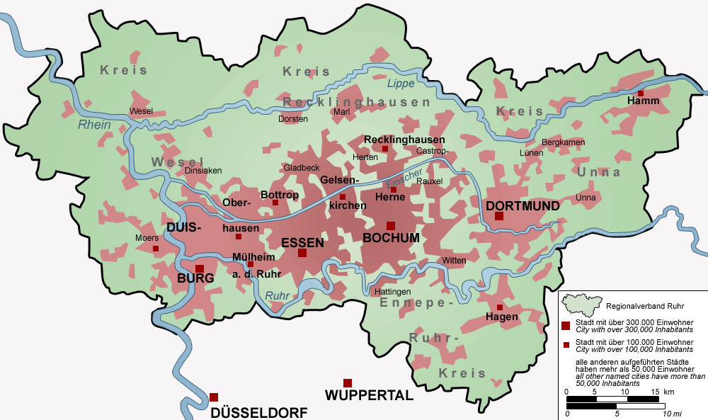 Take the Ruhrgebiet for example, it's arguably the largest urban area in Germany with somewhere between 5 and 10 million people depending on how you define the boundary, but no single city within is larger than 600,000 people.