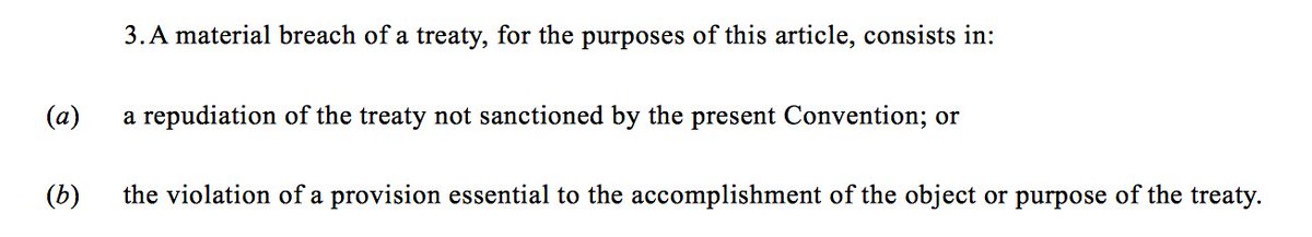 (1) Law of treaties angle. ‘Specific and limited’ relevant not for what it is but for what it is not; if one were trying to describe a breach that is NOT material, a phrase along these lines would probably come to mind. Purpose: preclude termination/suspension by the other Party.