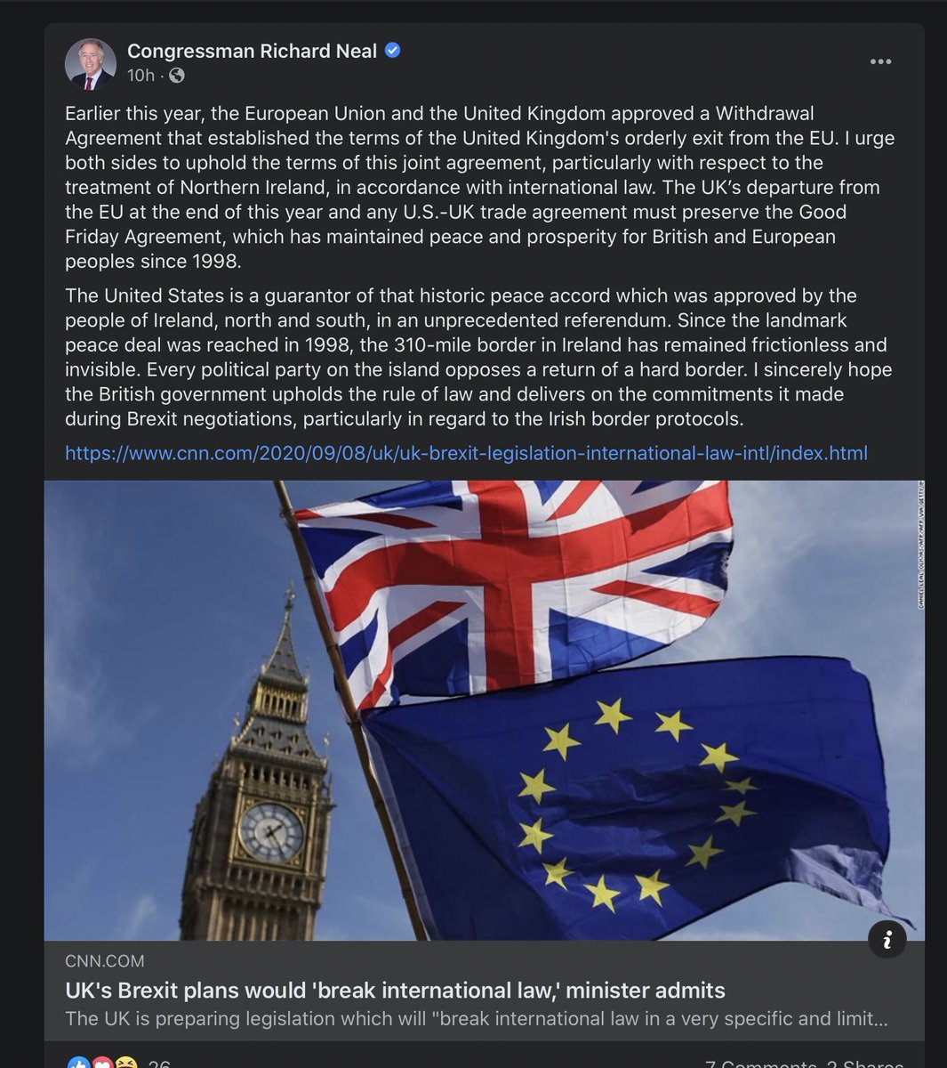 And Richie Neal, key chair of Ways & Means Committee, which approves trade deals just said this: “I sincerely hope the British government upholds rule of law and delivers on the commitments it made during Brexit negotiations, particularly in regard to the Irish border protocols”
