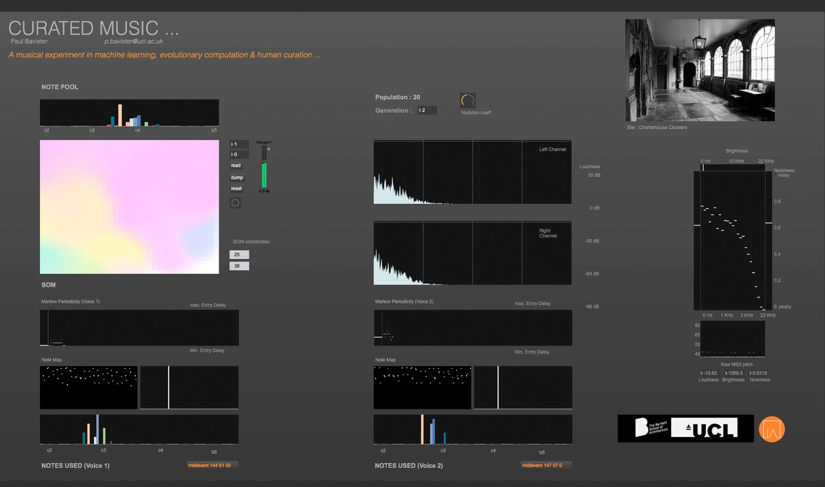 audialsense's tweet image. My work 'Curated Music' is part of this years @ArsElectronica and will be live this weekend. The work will evolve sounds in real time to suit real acoustic conditions. Times will be announced soon. #machinelearning #evolutionarycomputation #dfpi #arselectronica20 @ialab