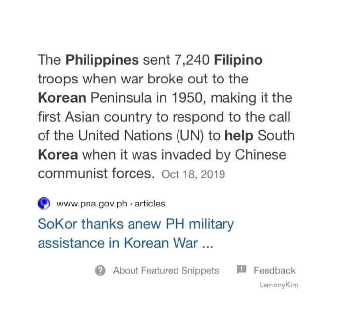 Lianefei's tweet photo. YOU ALL INSULT OUR COUNTRY WITHOUT KNOWING THAT SO MANY FILIPINOS SOLDIER DIED FOR YOUR COUNTRY💔
#cancelkorea https://t.co/D2pMQeVYrM
