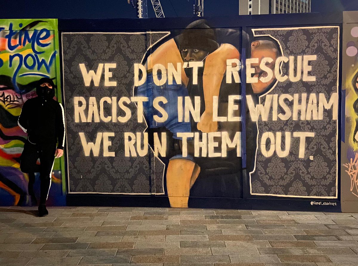 . @AdamPugh – a Lewisham resident – pulled up on the drawing on Sat night and added the wording. “It was a case of saying that this is not a safe space for people to be racist, we’re not going to meet you with kindness, that’s not going to be welcome here".  https://www.huffingtonpost.co.uk/entry/lewisham-anti-racist-mural-black-lives-matter-defaced_uk_5f575c7dc5b62b3add457c68?u2p